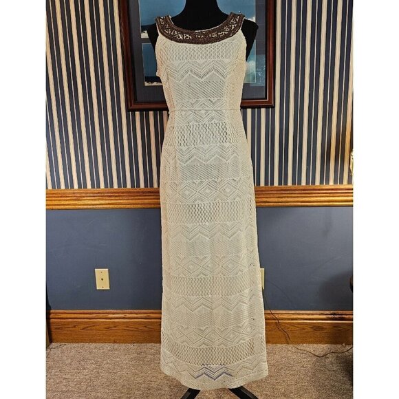 Vintage-Inspired Studio One NY Ivory Maxi Dress Beaded Collar & Drawstring Back - Picture 1 of 7